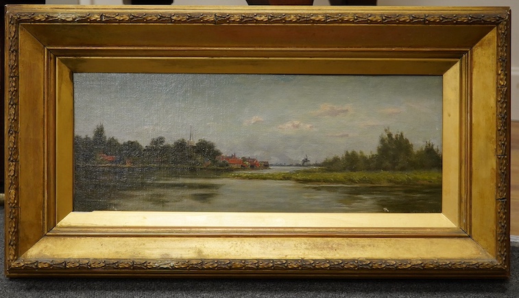 Herbert Lyndon (1855-1932), oil on canvas, Amsterdam river landscape, 16 x 40cm. Condition - fair to good